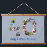 40th Birthday Photo Collage Age Number 40 Blue Hanging Tapestry<br><div class="desc">For a 40 year old's birthday. In the upper half, there is a photo collage representing a big number 70 made from 15 placeholder family photos (like childhood, graduation, wedding, children). Under it, there is the message "Happy Birthday" and the name in blue. The background is lighter blue. The 15...</div>