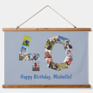 40th Birthday Photo Collage Age Number 40 Blue Hanging Tapestry