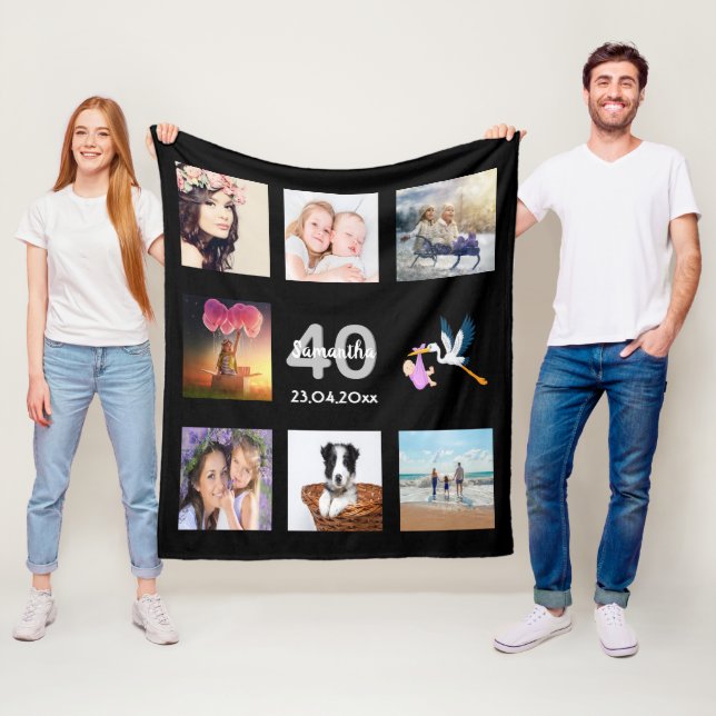 40th birthday photo collage black fleece blanket (In Situ)