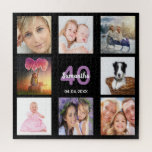 40th birthday photo collage black woman jigsaw puzzle<br><div class="desc">A gift for a woman's  40th birthday,  celebrating her life with a collage of 8 of your photos.  Templates for a name,  age 40 and a date.  Date of birth or the date of the anniversary.  Purple and white colored letters. Chic black background color.</div>