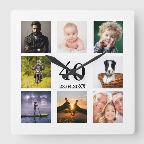 40th birthday photo collage guy square wall clock