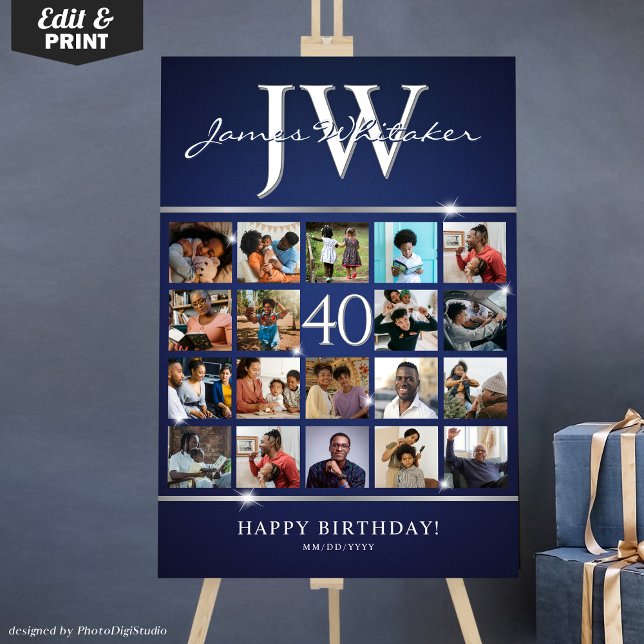 40th Birthday Photo Collage with Custom Initials  Foam Board (40th Birthday Photo Collage with Custom Initials Foam Board)