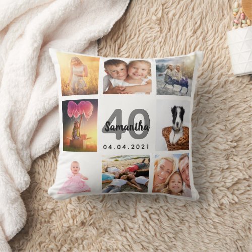 40th birthday photo collage woman white throw pillow