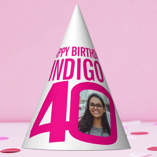 40th birthday photo custom photo pink white party hat (Creator Uploaded)