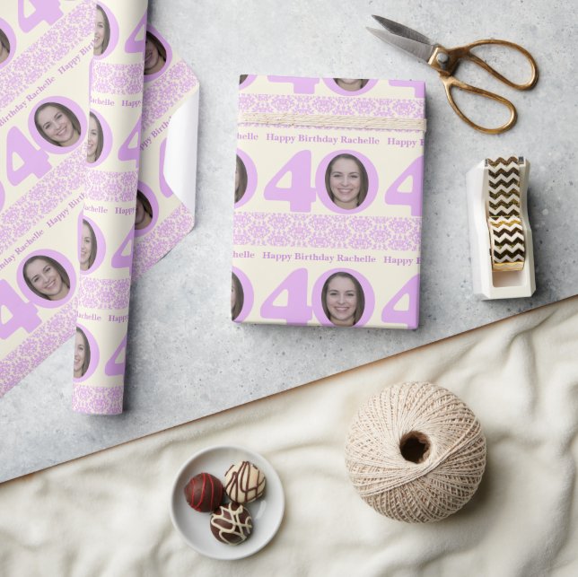 40th Birthday photo damask cream purple wrapping W Paper (Crafts)