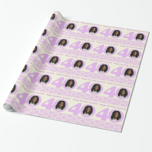 40th Birthday photo damask cream purple wrapping Wrapping Paper