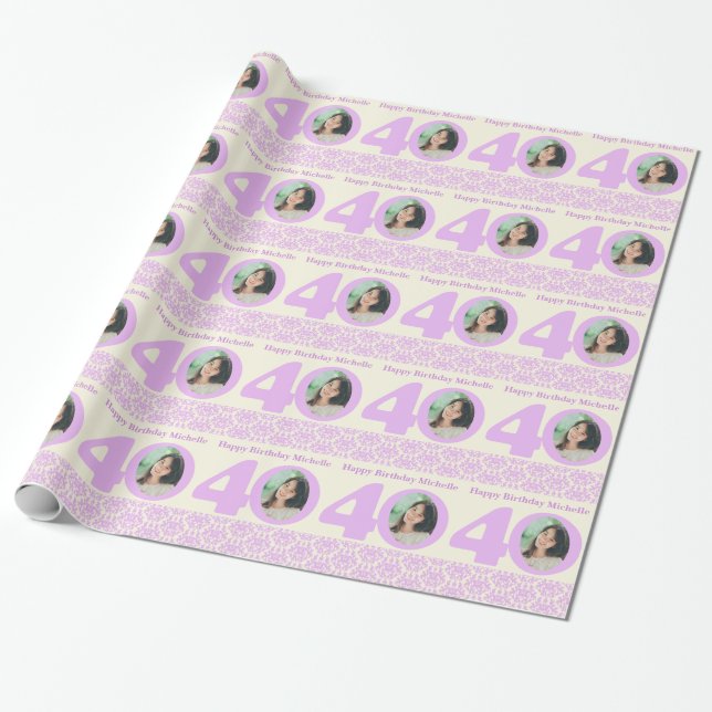40th Birthday photo damask cream purple wrapping Wrapping Paper (Unrolled)