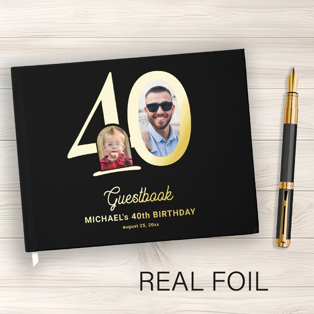 40th Birthday photo name black gold  Foil Guest Book (Creator Uploaded)