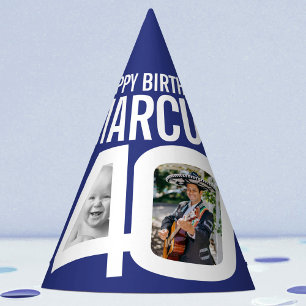 40th birthday photo personalized blue white party hat