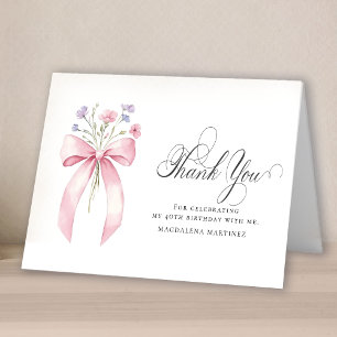 40th Birthday Photo Pink Bow Wildflower Folded Thank You Card
