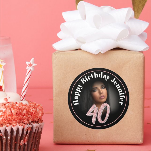 40th Birthday photo script rose pink custom name Classic Round Sticker (Party)