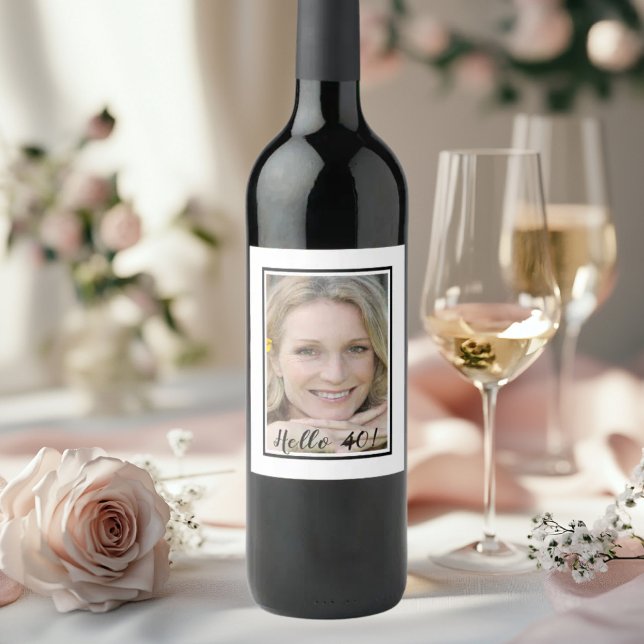 40th birthday photo white black  wine label (Creator Uploaded)