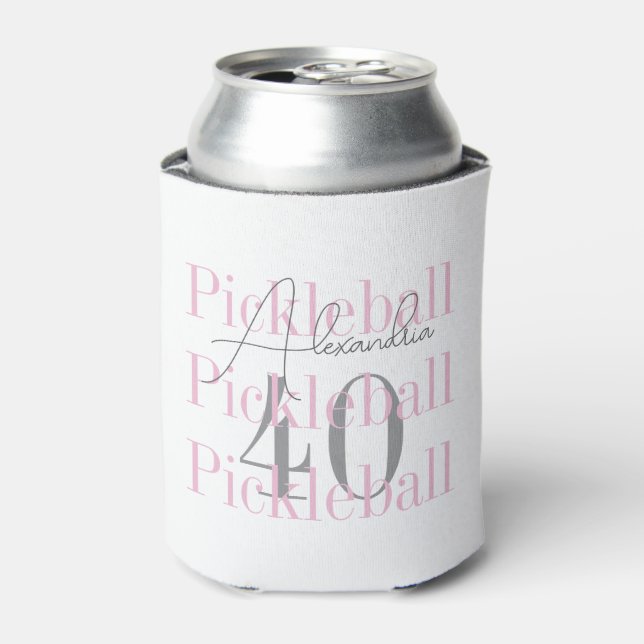 40th Birthday Pickleball Pink Party Favor Can Cooler (Can Front)