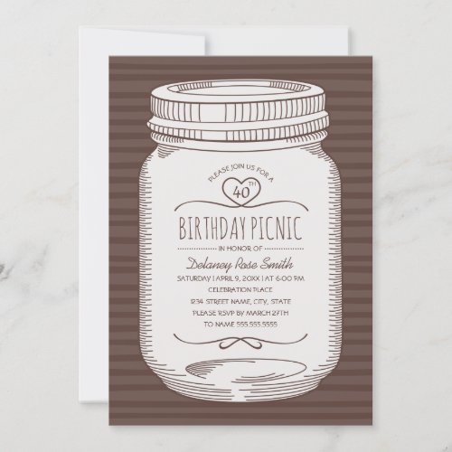 40th Birthday Picnic Party Rustic Mason Jar Invitation