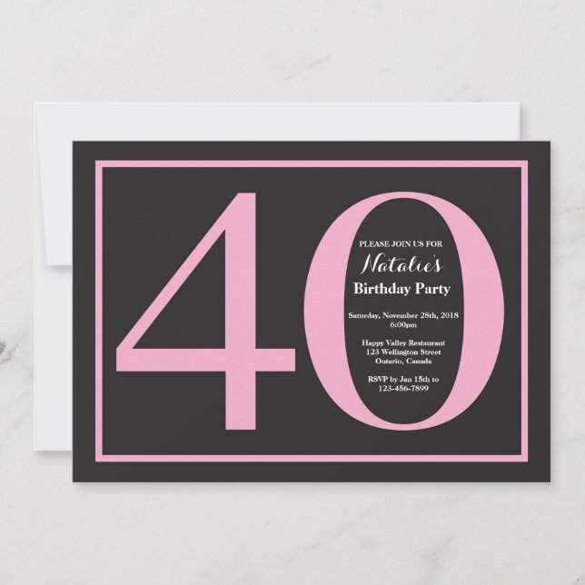 40th Birthday Pink and Black Chalkboard Invitation (Front)