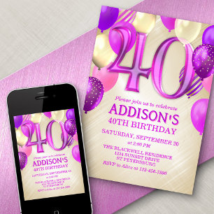 40th Birthday Pink Balloons Invitation