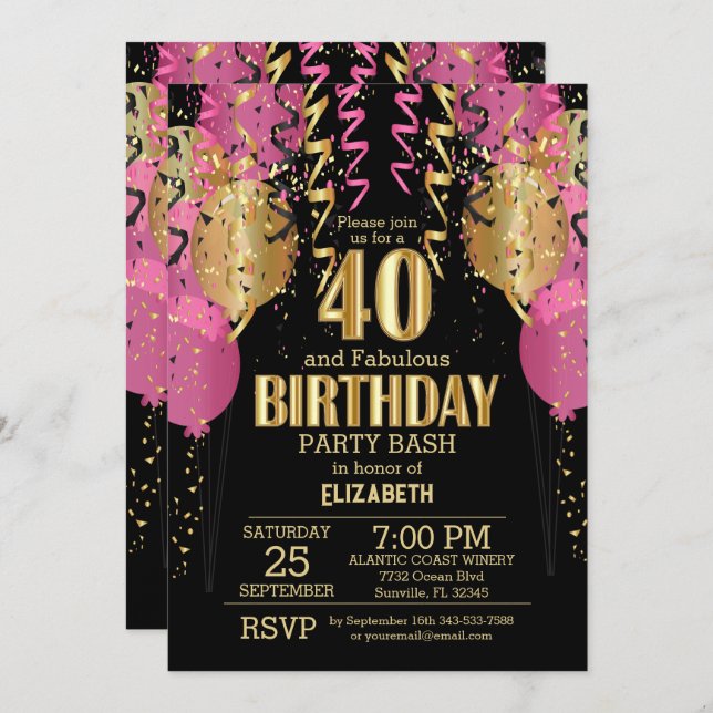 40th Birthday - Pink Balloons  Invitation (Front/Back)