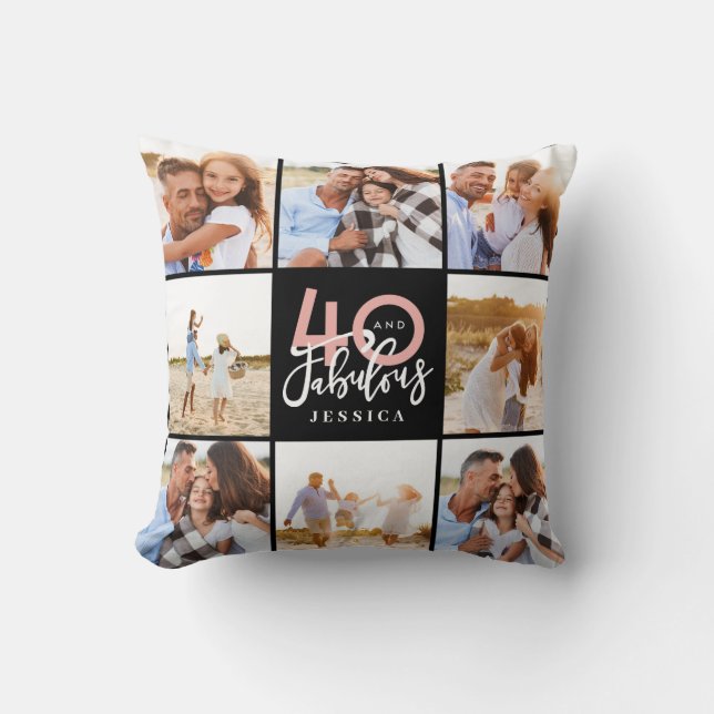 40th birthday pink black photo collage birthday throw pillow (Front)