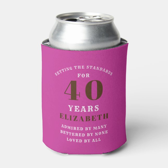 40th Birthday Pink black white Add Your Name Can Cooler (Can Front)