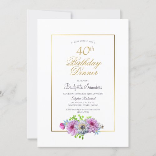 40th Birthday Pink Blue Floral Gold Border Dinner Invitation