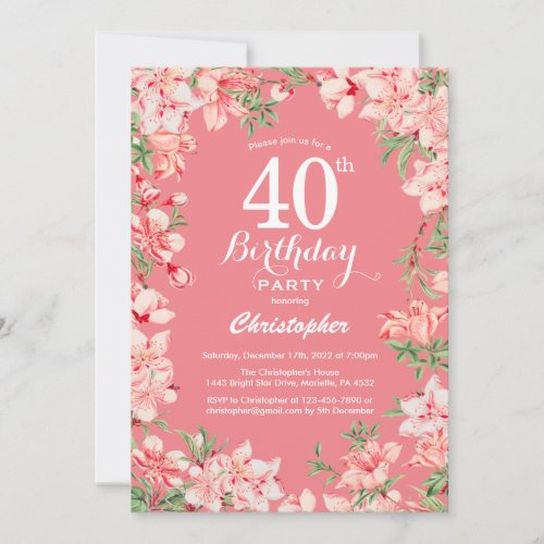 40th Birthday Pink Boho Botanical Floral Flowers Invitation