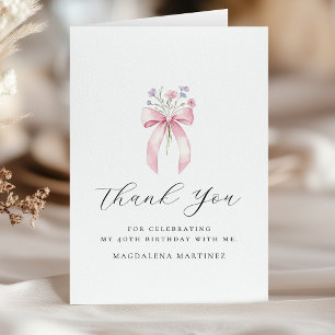 40th Birthday Pink Bow Wildflower Folded Letterpress Thank You Card