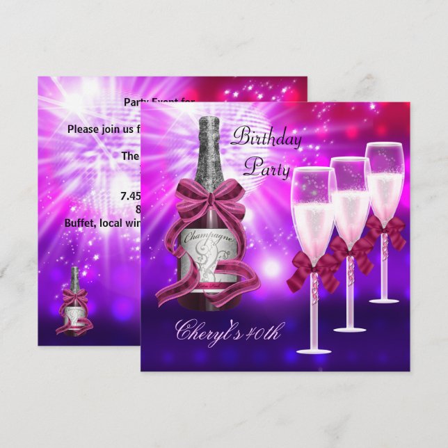40th Birthday Pink Champagne Glasses Invitation (Front/Back)