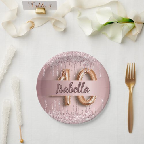 40th birthday pink dusty rose glitter name paper plates