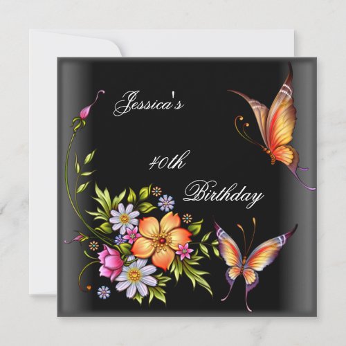 40th Birthday Pink Floral Butterfly Gold Black Invitation