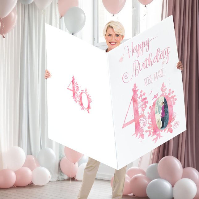 40th Birthday Pink Floral Numbers Jumbo Photo Card (Creator Uploaded)