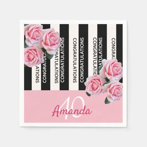 40th birthday pink florals black stripes monogram napkins