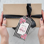 40th birthday pink florals black white stripes gift tags<br><div class="desc">A gift tag for a 40th birthday party. Classic slim black and white vertical stripes as background. With girly and feminine pink roses as decoration. A white and black frame on front with template for age, name and date. Age number 40 in pink, name and date in black. The name...</div>
