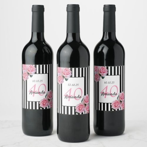 40th birthday pink florals on black white stripes wine label