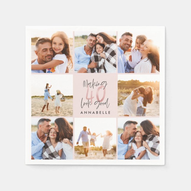 40th birthday pink girly glitter photo collage napkins (Front)