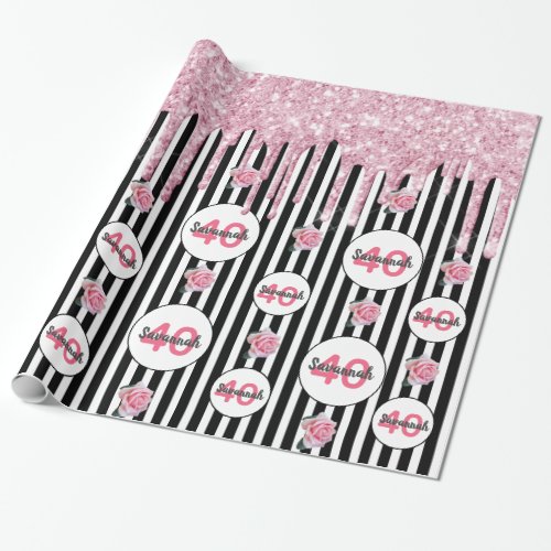 40th birthday pink glitter black white stripes wrapping paper