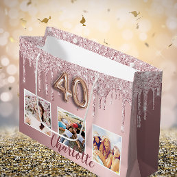 40th birthday pink glitter drips photo monogram large gift bag