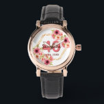 40th birthday pink gold flowers watch<br><div class="desc">A trendy watch for a 40th birthday gift. With a faux gold hexagon geometrical shaped frame. Decorated with watercolored dahlia flowers in pink,  cream and coral. White background. Templates for a name,  age 40 and a date. Date of birth or date of the party. Burgundy and coral colored letters.</div>