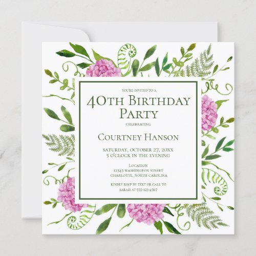 40th Birthday Pink Hydrangeas Floral Watercolor Invitation