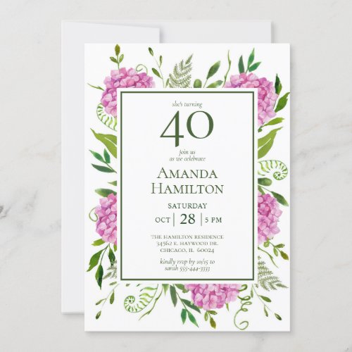 40th Birthday Pink Hydrangeas Invitation