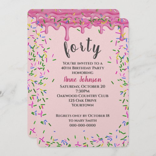 40th Birthday Pink Icing And Sprinkles Invitation