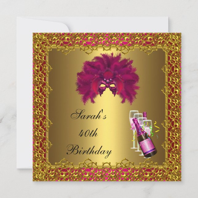 40th Birthday Pink Mask Champagne Gold Lace Invitation (Front)