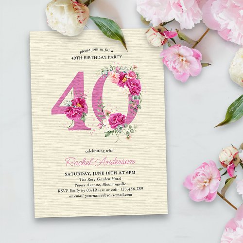 40th Birthday Pink Peony Floral Number 40 Invitation