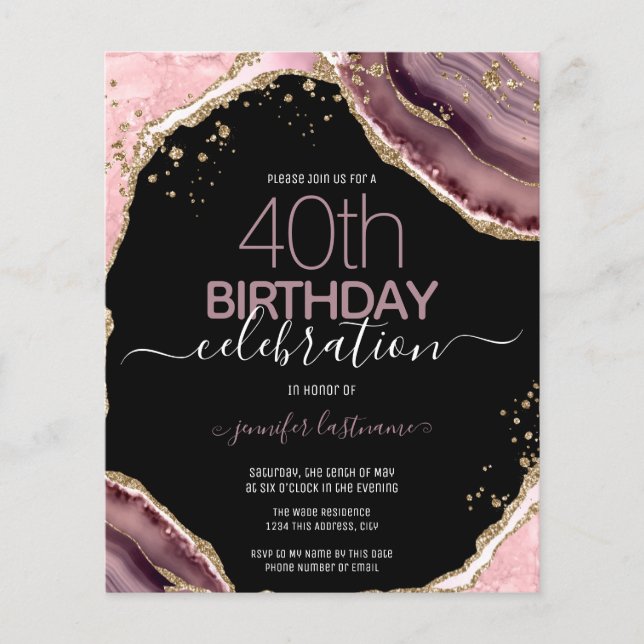 40th Birthday Pink Purple Agate Budget Invitation (Front)