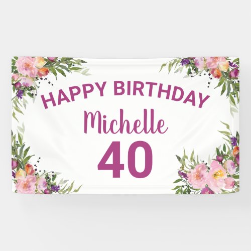 40th Birthday Pink Purple Watercolor Floral Banner