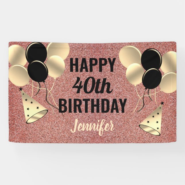 40th Birthday Pink Rose Gold Glitter Personalized Banner (Horizontal)