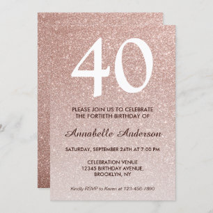 40th Birthday Pink Rose Gold Glitter Sparkle Ombre Invitation