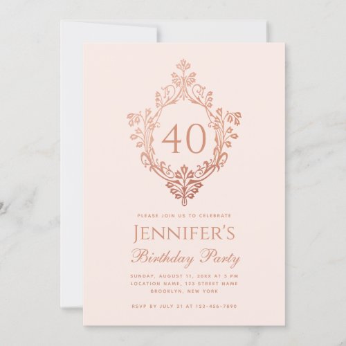 40th Birthday Pink Rose Gold Vintage Crest Script  Invitation