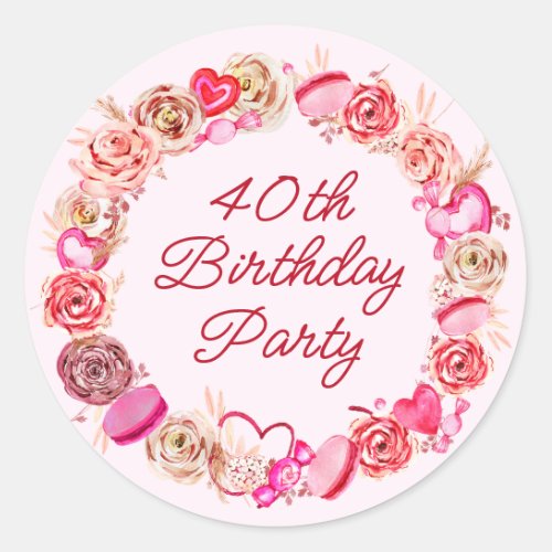 40th Birthday Pink Rose Swirly Heart Envelope Classic Round Sticker