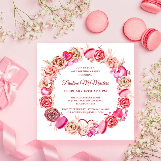 40th Birthday Pink Rose Swirly Heart Valentine Invitation (Creator Uploaded)