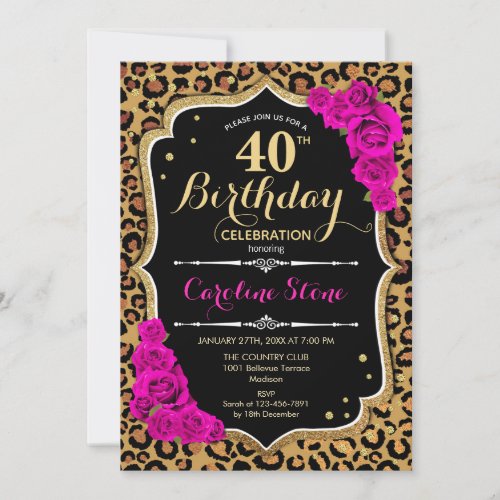 40th Birthday _ Pink Roses Leopard Print Invitation